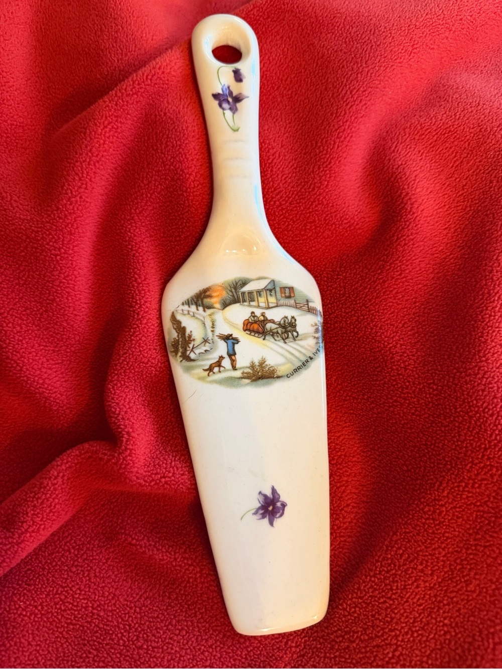 Currier & Ives Porcelain Cake Server with Purple Floral Winter Scene